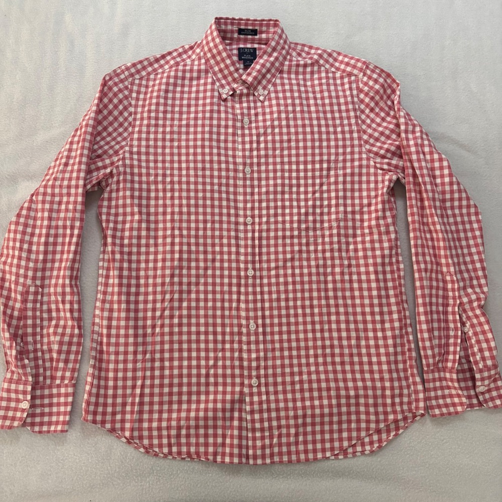 J.Crew Slim Untucked Flex Washed Gingham Button Down Shirt Red White Mens M